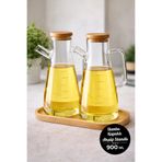 Madamev Ahşap Stantlı Bambu Kapaklı Cam Yağdanlık Vakumlu Sirkelik Zeytinyağı Şişesi Yağlık 900 ml 3'lü Set