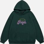 Mad&Calf Kadın Angel Taş Baskılı Kapüşonlu Polarlı Oversize Sweatshirt Koyu Yeşil 2XL