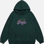 Mad&Calf Kadın Angel Taş Baskılı Kapüşonlu Polarlı Oversize Sweatshirt Koyu Yeşil S