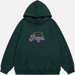 Mad&Calf Kadın Angel Taş Baskılı Kapüşonlu Polarlı Oversize Sweatshirt Koyu Yeşil XL