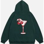 Mad&Calf Kadın Cherry Coctail Baskılı Kapüşonlu Polarlı Oversize Sweatshirt Koyu Yeşil 2XL