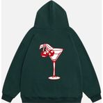Mad&Calf Kadın Cherry Coctail Baskılı Kapüşonlu Polarlı Oversize Sweatshirt Koyu Yeşil L