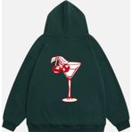 Mad&Calf Kadın Cherry Coctail Baskılı Kapüşonlu Polarlı Oversize Sweatshirt Koyu Yeşil XS