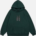 Mad&Calf Kadın Flame Taş Baskılı Kapüşonlu Polarlı Oversize Sweatshirt Koyu Yeşil 2XL