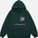 Mad&Calf Kadın Kinder Planet Baskılı Kapüşonlu Polarlı Oversize Sweatshirt Koyu Yeşil 2XL