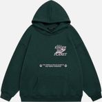 Mad&Calf Kadın Kinder Planet Baskılı Kapüşonlu Polarlı Oversize Sweatshirt Koyu Yeşil L