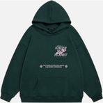 Mad&Calf Kadın Kinder Planet Baskılı Kapüşonlu Polarlı Oversize Sweatshirt Koyu Yeşil S