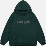 Mad&Calf Kadın Latina Taş Baskılı Kapüşonlu Polarlı Oversize Sweatshirt Koyu Yeşil M