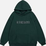 Mad&Calf Kadın Latina Taş Baskılı Kapüşonlu Polarlı Oversize Sweatshirt Koyu Yeşil XL