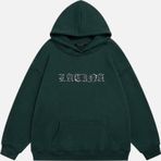 Mad&Calf Kadın Latina Taş Baskılı Kapüşonlu Polarlı Oversize Sweatshirt Koyu Yeşil XS