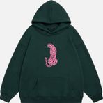 Mad&Calf Kadın Pink Leopard Baskılı Kapüşonlu Polarlı Oversize Sweatshirt Koyu Yeşil 2XL