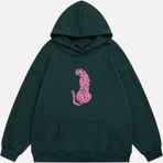 Mad&Calf Kadın Pink Leopard Baskılı Kapüşonlu Polarlı Oversize Sweatshirt Koyu Yeşil L