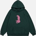 Mad&Calf Kadın Pink Leopard Baskılı Kapüşonlu Polarlı Oversize Sweatshirt Koyu Yeşil S