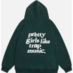 Mad&Calf Kadın Pretty Girls Like Trap Music. Baskılı Kapüşonlu Polarlı Oversize Sweatshirt Koyu Yeşil S