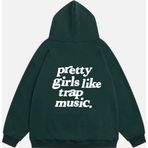 Mad&Calf Kadın Pretty Girls Like Trap Music. Baskılı Kapüşonlu Polarlı Oversize Sweatshirt Koyu Yeşil XS