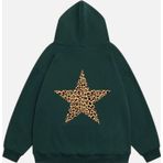 Mad&Calf Kadın Star Leopard Baskılı Kapüşonlu Polarlı Oversize Sweatshirt Yeşil 2XL