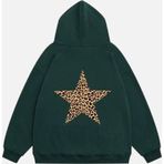 Mad&Calf Kadın Star Leopard Baskılı Kapüşonlu Polarlı Oversize Sweatshirt Yeşil M