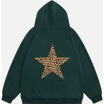 Mad&Calf Kadın Star Leopard Baskılı Kapüşonlu Polarlı Oversize Sweatshirt Yeşil S