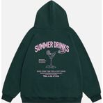 Mad&Calf Kadın Summer Drinks Baskılı Kapüşonlu Polarlı Oversize Sweatshirt Koyu Yeşil 2XL