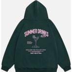 Mad&Calf Kadın Summer Drinks Baskılı Kapüşonlu Polarlı Oversize Sweatshirt Koyu Yeşil S