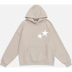 Mad&Calf Unisex Double Star Baskılı Kapüşonlu Polarlı Oversize Sweatshirt Bej XL