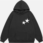 Mad&Calf Unisex Double Star Baskılı Kapüşonlu Polarlı Oversize Sweatshirt Füme S