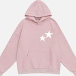 Mad&Calf Unisex Double Star Baskılı Kapüşonlu Polarlı Oversize Sweatshirt Pembe 2XL