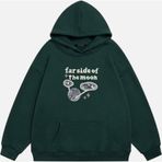Mad&Calf Unisex Farside Of The Moon Baskılı Kapüşonlu Polarlı Oversize Sweatshirt Koyu Yeşil 2XL