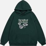 Mad&Calf Unisex Farside Of The Moon Baskılı Kapüşonlu Polarlı Oversize Sweatshirt Koyu Yeşil L