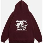 Mad&Calf Unisex Kinder World Baskılı Kapüşonlu Polarlı Oversize Sweatshirt Bordo XS