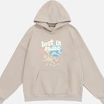 Mad&Calf Unisex Lost In Space Baskılı Kapüşonlu Polarlı Oversize Sweatshirt Bej XL