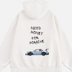 Mad&Calf Unisex Need Money 4 Porsche Baskılı Kapüşonlu Polarlı Oversize Sweatshirt Ekru 2XL