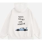 Mad&Calf Unisex Need Money 4 Porsche Baskılı Kapüşonlu Polarlı Oversize Sweatshirt Ekru M