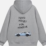 Mad&Calf Unisex Need Money 4 Porsche Baskılı Kapüşonlu Polarlı Oversize Sweatshirt Gri M