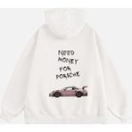 Mad&Calf Unisex Need Money For Porsche Baskılı Kapüşonlu Polarlı Oversize Sweatshirt Ekru S