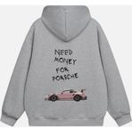Mad&Calf Unisex Need Money For Porsche Baskılı Kapüşonlu Polarlı Oversize Sweatshirt Gri XS