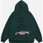 Mad&Calf Unisex Need Money For Porsche Baskılı Kapüşonlu Polarlı Oversize Sweatshirt Koyu Yeşil 2XL