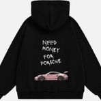 Mad&Calf Unisex Need Money For Porsche Baskılı Kapüşonlu Polarlı Oversize Sweatshirt Siyah XL