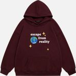 Mad&Calf Unisex Scape From Reality Baskılı Kapüşonlu Polarlı Oversize Sweatshirt Bordo 2XL