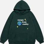Mad&Calf Unisex Scape From Reality Baskılı Kapüşonlu Polarlı Oversize Sweatshirt Koyu Yeşil XS