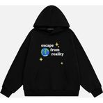 Mad&Calf Unisex Scape From Reality Baskılı Kapüşonlu Polarlı Oversize Sweatshirt Siyah M