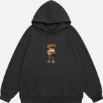 Mad&Calf Unisex Teddy Bear Baskılı Kapüşonlu Polarlı Oversize Sweatshirt Füme L