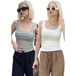 Madmext 2'li Paket Beyaz- Gri Fitilli Askılı Basic Atlet MG2427 - Gri - Beyaz