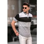 Madmext 5865 Gri Polo Yaka Çizgi Erkek T-shirt
