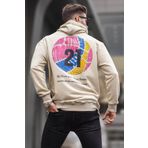 Madmext 6042 Bej Erkek Kabartma Baskılı Kapüşonlu Sweatshirt