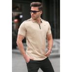 Madmext 6076 Bej Basic Fermuarlı Polo Erkek T-shirt