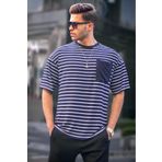 Madmext 6084 Lacivert Çizgili Basic Erkek T-shirt