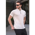 Madmext 6120 Beyaz Fermuar Yaka Erkek T-shirt