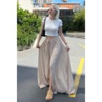 Madmext Bej Beli Lastikli Yırtmaçlı Uzun Kadın Etek Mg2062 - XL