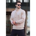 Madmext Bej Dik Yakalı Düğme Detaylı Erkek Sweatshirt 7060,Bej M